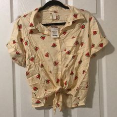 Knot Tie Bottom, Cuffed Sleeve And Front Pocket. Never Worn Red Fruit Print Top For Spring, Red Fruit Print Tops For Summer, Vintage Summer Top With Fruit Print, Casual Yellow Tops With Fruit Print, Casual Yellow Top With Fruit Print, Vintage Fruit Print Top For Summer, Cute Red Summer Blouse, White Satin Blouse, Gauze Tunic