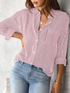 Lasaky - Womens Striped Print Button Front Shirt with Pocket, Long Sleeve Casual Top Fitted Blouses, Professional Wardrobe, Button Front Shirt, Business Attire, Pink Blouse, Women Shirts Blouse, Long Sleeve Casual, Stripe Print, Business Fashion