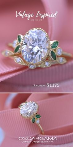 two different views of an engagement ring with green leaves on the side and white diamonds in the middle