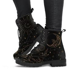 We love all things celestial and witchy! These black boots with gold sun, moon, and flowers designs are so fun to wear and will be a new favorite for your witchy, psychic, magickal wardrobe. NOTE: The design is printed with standard ink, not metallic. ---------------- Women's Vegan Leather Boots When did you last feel that your shoes help express your personality? Or when is the last time you were complimented on your shoes? If this isn't often, then read on... Most local shoe stores don't carry Moon And Flowers, Moon Flowers, Lace Up Boots Women, Combat Style, Vegan Leather Boots, Flowers Black, Boots Mens, Black Vegan, Really Cute Outfits