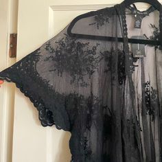 New With Tags, Black Lace Kimono From Inc. One Size Black Lace V-neck Sleepwear, Black Lace Summer Sleepwear, Black Lace Sleepwear For Summer, Black Lace Sleepwear For Loungewear, Black Sheer V-neck Sleepwear, Black Sheer Tops For Night, Black Lace Tops For Daywear, Black Summer Sleepwear For Evening, Black Summer Evening Sleepwear