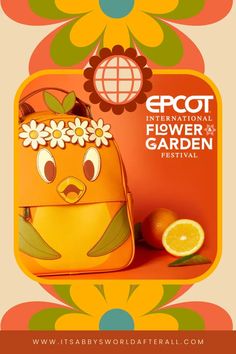 an orange backpack with flowers on it and the words eco international flower and garden festival