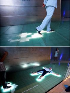 two pictures of a man laying on the ground in front of a wall with lights