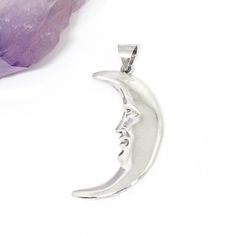 "A sterling silver pendant with a detailed crescent moon. Handmade to order. Each pendant is 1 1/2\" inches long x 1/2\" inch wide. If you would like this pendant as a necklace, you can purchase it with a necklace chain: https://www.etsy.com/listing/238444130/necklace-chains-for-pendants" Spiritual Silver Half Moon Jewelry, Silver Crescent Moon Charm Jewelry, Silver Crescent Jewelry With Large Pendant, Crescent Silver Jewelry With Sun And Moon Design, Silver Jewelry With Sun And Moon Design, Silver Half Moon Jewelry Engraved, Silver Half Moon Engraved Jewelry, Moon Made, Man In The Moon