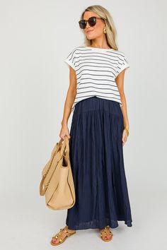 Crinkle Texture Maxi Skirt, Navy - New Arrivals Chic Blue Cotton Maxi Skirt, Chic Blue A-line Maxi Skirt, Blue Full-length Maxi Skirt For Summer, Non-stretch Blue Tiered Maxi Skirt, Non-stretch Blue Lined Maxi Skirt, Navy Skirt, Blue Door, Boutique Clothing, Cute Dresses