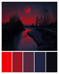 the sun is setting over a river with red and blue hues