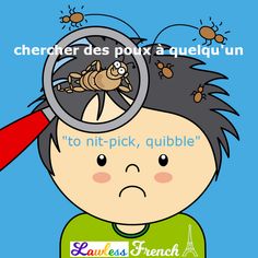 a boy is looking through a magnifying glass with bugs on his head in french