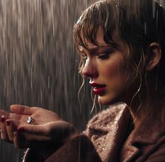 a woman holding an umbrella in the rain with her hand on her hip and wearing a ring