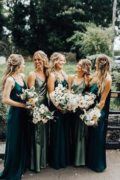 Bridesmaids in different shades of green satin dresses with neutral bouquets Sperry Tent Wedding, Green Dresses, Green Bridesmaid, Rock My Wedding, Bridesmaid Dress Colors, Green Bridesmaid Dresses