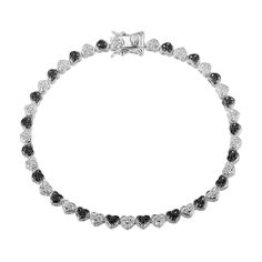 Imagine yourself in the modern yet sweet details of this black and white diamond alternating heart link bracelet. Created in sterling silver Heart-shaped composites of black rhodium-plated and epoxy-coated beading alternate with bright white beaded composites. Black and white diamonds add eye-catching color and sparkle to the look. Radiant with 1/10 ct. t.w. of diamonds This 7.25-inch bracelet secures with a box clasp. Black Diamond Bracelets For Anniversary, Black Diamond Tennis Bracelet As Gift, Classic White Gold Bracelets With Black Diamonds, Black Diamond Tennis Bracelet Gift, Formal Black Cubic Zirconia Diamond Bracelet, Black Diamond Jewelry For Valentine's Day, Adjustable Silver Bracelet With Black Diamonds, Valentine's Day Black Diamond Jewelry, Casual Black Heart-shaped Bracelet