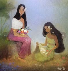 two women sitting next to each other with flowers in their hands