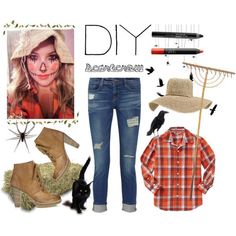 a collage of clothes and accessories including boots, hat, shirt, jeans, and an umbrella