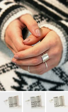 Stamped with teeny-tiny uppercase letters, this message ring makes quite the statement. The sterling silver plate features a song lyric, poem or saying of your choice, carefully stamped by hand. Your note will be aligned to the left and bottom sides of the rectangle, with any blank space left on top. Simple Sterling Silver Midi Rings For Everyday, Minimalist Sterling Silver Stackable Promise Rings, Sterling Silver Minimalist Stackable Promise Rings, Minimalist Simple Design Midi Rings For Promise, Minimalist Midi Rings With Simple Design For Promise, Sterling Silver Minimalist Midi Rings For Everyday, Modern Hypoallergenic Midi Rings, Modern Hypoallergenic Midi Rings For Everyday Wear, Modern Hypoallergenic Midi Rings For Everyday