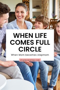 a woman and two children sitting on a couch with the words when life comes full circle