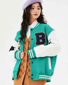 Green Oversized College Jacket | Jimin - BTS Green M Trendy Oversized Varsity Jacket With Ribbed Cuffs, Casual Outerwear With Letter Print For Campus, Casual Letter Print Outerwear For Campus, Trendy Fall Campus Outerwear, Oversized Spring Outerwear In College Style, Trendy Fall Outerwear For Campus, Casual Fall Outerwear For Campus, White Oversized Varsity Jacket, Oversized Hooded Varsity Jacket For Fall