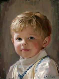 a painting of a young boy with blue eyes and blonde hair wearing a white shirt