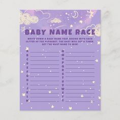 a baby name race game with stars and clouds on it's purple paper sheet