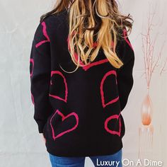 Trendy Winter Sweater With Heart Graphic, Trendy Heart Print Sweater For Winter, Winter Heart Graphic Sweater, Winter Heart Print Sweater, Winter Sweater With Heart Graphic, Trendy Winter Sweater With Heart Design, Winter Heart-shaped Sweater With Heart Print, Trendy Fall Sweater With Heart Print, Trendy Knit Tops With Heart Print