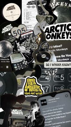 an assortment of various stickers and decals on a black background with the words arctic monkeys