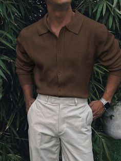 Coffee Brown Casual Collar Long Sleeve Fabric Plain  Embellished Slight Stretch  Men Clothing Men Casual Work Outfit, Vintage Outfits Men 90s Formal, Mens Holiday Party Outfit Casual, Men’s Summer Vintage Outfits, Dark Old Money Outfit Men, Mens Wedding Guest Outfit Casual, Men’s Church Outfit, Brown Men Outfit, Subtle Outfits