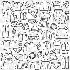 a black and white drawing of clothes for children