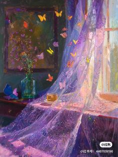 a painting of a bed with purple sheets and butterflies on the window sill next to it