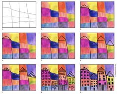 four different colored buildings are shown in the same drawing style, each with different shapes and sizes