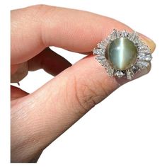 A fine platinum ring featuring a beautiful 7.02 carat cats eye chrysoberyl. It has a golden yellowish-green color with a strong sharp eye in its center which runs along both ends of the stone. It is complemented by a bright "sunburst” or diamonds, 1.40 carats, which are set around the cats eye in a brilliant pattern. Hand-fabricated in platinum and ready to be worn. Ring Size 6.75 Weight: 9.4 grams Cat Eye Jewelry, Sunburst Ring, Cats Eye Ring, Cats Eye, Fancy Jewellery, Eye Ring, Platinum Ring, Green Colors, Fashion Rings