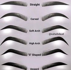 Eyebrows Chart | Guide for your Brows | Different Types Of Eye Brows | Straight Curved Soft Arch High Arch S Shapes Upward Eye Brows #eyebrows #brows #guide #chart Pin: @amerishabeauty Machiaj Smokey Eyes, Eyebrow Tutorial Shaping, 얼굴 드로잉, Seni Dan Kraf, Smink Inspiration