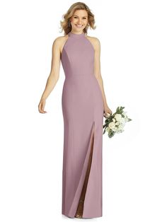 a bridesmaid in a long purple dress