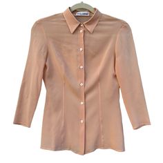 Dolce & Gabbana Vtg Silk Crepe Button Up Shirt Blouse In Peach - Us Sz 4 / It 40 Vintage - This Beautiful Light Weight Shirt Comes From My Personal Collection - I Bought It In New York City About 25 Years Ago. I Wore It 2 Times So Its In An Excellent Condition, Considering The Age Excellent Condition, No Flaws Size - Us Size 4 / It Size 40 (The Size Tag Is Missing - Please Check The Measurments Below To Ensure The Perfect Fit) Fast Shipping Approx. Measurements Laying Flat: * Shoulder-To-Shoulde Pink Silk Collared Blouse, Feminine Silk Button-up Top, Classic Fitted Silk Blouse, Fitted Feminine Button-up Shirt, Feminine Fitted Button-up Shirt, Feminine Fitted Collared Blouse, Fitted Silk Button-up Shirt, Feminine Fitted Blouse With Collar, Fitted Silk Top With Buttons