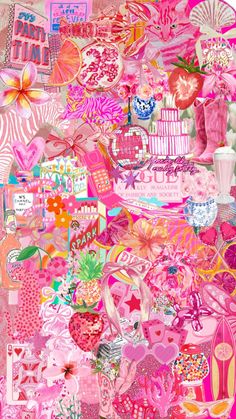 a collage of pink and red images with flowers, hearts, and other things