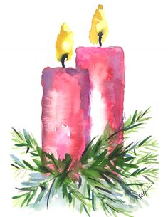 two pink candles with green leaves and pine cones on them, painted in watercolor