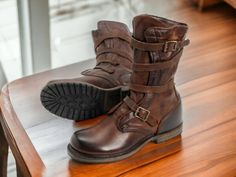 VS1702 tanker Boot, Men's Vintage Shoe Tanker Leather Chocolate Harness on Storenvy Renfaire Cosplay, Harness Boots Men, Tanker Boots, Motorbike Leathers, Cap Toe Boots, Tactical Cargo Pants, Vintage Shoe, Handmade Boot, High Ankle Boots