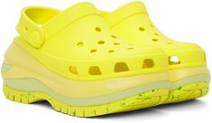 EVA foam rubber slip-on sandals in yellow. · Perforated detailing throughout · Logo-embossed convertible slingback strap · Logo embossed at heel · Molded rubber footbed · Sculptural platform foam rubber midsole · Treaded rubber sole · Logo-engraved hardware · Platform: H3.25 Supplier color: Acidity Crocs Platform, Women's Crocs, Platform Slides, Eva Foam, Mule Clogs, Slip On Sandal, Clogs, Rubber Sole, Convertible