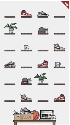 an old computer screen showing different types of shoes and sneakers on the shelf in front of them