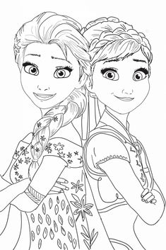 the frozen princess and her friend are hugging each other in this coloring page for kids