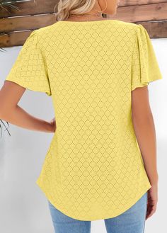 Non-stretch Crew Neck Top For Beach, Yellow Stretch Solid Color Top, Yellow Stretch V-neck Blouse, Summer V-neck Hollow Out Top, Short Sleeve Solid Color Beach Tops, Yellow Solid Color Shirt For Summer, Non-stretch Solid Color Beach Top, Summer Yellow Solid Color Shirt, Non-stretch Cotton Beach Top