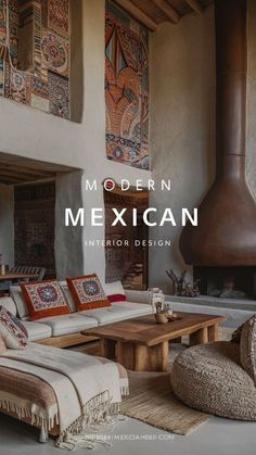 modern mexican interior design book cover with fireplace and couches in the living room area