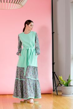 "Everyday Casual Spring Summer Boho Dress with pockets, Mint and Floral Dress Design, Birthday Gift and Birthday Party Dress, Full Maxi Dress, Long Sleeves, Plus size Belted Dress. Elegant Spring and Summer Boho Dress for every day. Suitable for birthdays, garden parties, for boho weddings, formal and informal events. Plus size dresses are available. Dress features: - Maxi Fit Dress - Mint and Floral - Full Maxi Length - Long Sleeves Dress - Collection Spring Summer 2019 This beautiful floral dr Green Floral Print Long Sleeve Maxi Dress, Green Long Sleeve Maxi Dress With Floral Print, Long Sleeve Green Maxi Dress With Floral Print, Cotton Long Sleeve Maxi Dress, Long Sleeve Cotton Dress With Floral Patchwork, Long Sleeve Cotton Maxi Dress, Modest Long Sleeve Dress For Garden Party, Long Sleeve Dresses With Floral Patchwork For Spring, Spring Floral Patchwork Long Sleeve Dress