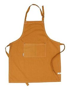 an orange apron with a pocket on the front and straps at the back, in light brown