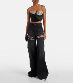 Crystal-embellished bustier in black - Area | Mytheresa Luxury Bustier Corset For Festivals, Area Crystal Top, Luxury Crystal Embellished Crop Top For Women, Luxury Chic Bustier Crop Top, Luxury Black Embellished Crop Top, Black Bustier, Black Gems, Bustier Top, Straight Pants