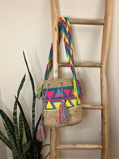 Original Large double-threaded handmade handbag with design from Colombia by Wayuú people Multicolor Woven Rectangular Bucket Bag, Artisan Crochet Bag With Weaving, Artisan Woven Bucket Bag, Artisan Multicolor Bucket Straw Bag, Artisan Multicolor Straw Bucket Bag, Artisan Crochet Bag, Multicolor Bucket Bag With Braided Handles, Traditional Multicolor Bucket Straw Bag, Weaved Bucket Bag