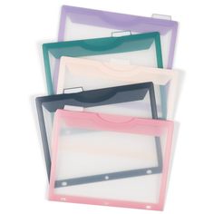 four different colored folders stacked on top of each other in various shapes and sizes