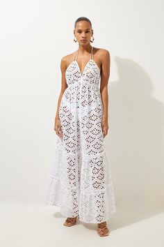 The Ultimate Holiday Staple, This Cotton Broderie Maxi Dress Exudes Understated Elegance. A Ruffle Hemline Adds A Feminine Flourish, While The Lightweight Feel Of This Piece Makes It Easy To Layer Over Swimwear When Heading From Beach To Bar.Cotton Broderieruffle Detailsmaxi Hemlinecrossover Back Design Spring Vacation Maxi Dress With Broderie Anglaise, Summer Maxi Dress With Cutwork Hem, Summer Daywear Maxi Dress With Broderie Anglaise, Summer Broderie Anglaise Maxi Dress For Daywear, Chic Broderie Anglaise Maxi Dress For Vacation, Broderie Anglaise Maxi Dress For Summer Daywear, Fitted Broderie Anglaise Maxi Dress For Summer, Summer Beach Dresses With Cutwork Hem, Summer Beach Dress With Cutwork Hem