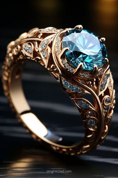 a ring with a blue topazte surrounded by white and brown diamonds on a black surface