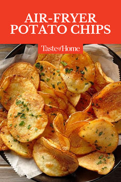 These crispy air-fryer potato chips require just four ingredients, and one of them is optional. Thanks to the air fryer, you can enjoy homemade chips anytime! #airfryerrecipes #airfryerpotatochips #potatochips #snacks How To Make Chips, Air Fryer Potato Chips, Air Fry Potatoes, Air Fryer Potato, Potato Chip Recipes, Homemade Chips