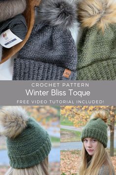 the crochet pattern for winter bliss toque is shown in three different pictures