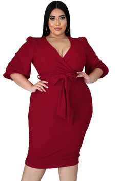 Red Plus Size Puff Sleeve Wrap V Neck Midi Dress Plus Size Red Dress, Elegant Summer Dresses, African Dresses For Kids, Quince Dress, Calf Sleeve, V Neck Midi Dress, Wedding Dresses Plus Size, Red Midi Dress, Blue Midi Dress