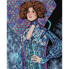 a cross stitch picture of a woman in a blue dress and hat with an umbrella